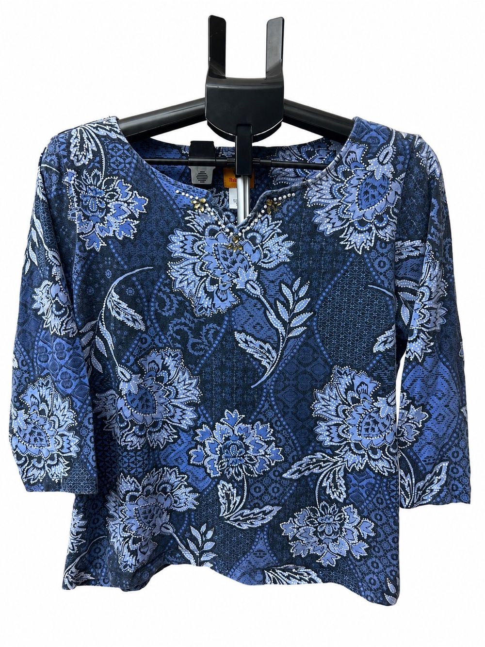 Ruby Rd. Blue and Light Blue Floral V-Notch Blouse